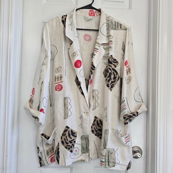 Vintage Modern Essential Cream Brown Abstract Print Flax Blend Blazer Jacket XL - Picture 1 of 8